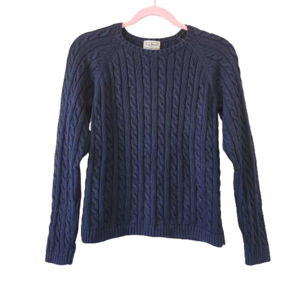 LL Bean Navy Blue Cable Knit Chunky Pullover Crew Neck Sweater Size Small #0437